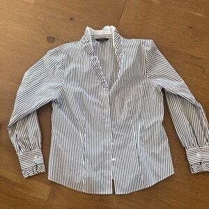Brooks Brothers Black and White Striped Ruffled Blouse